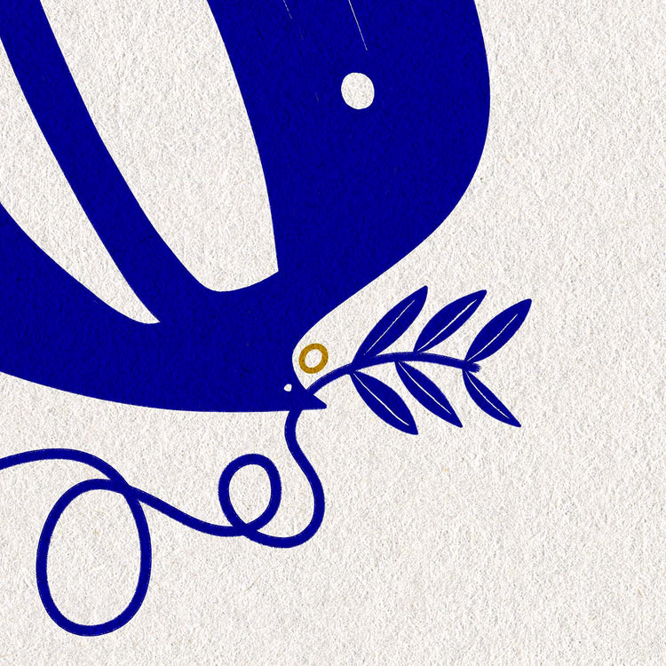Dove holding olive branch on textured white paper